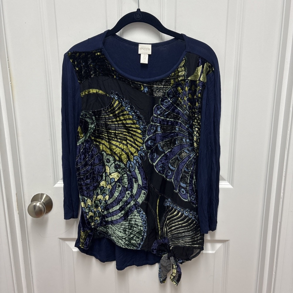 Chico's Blouse Women's Blue Multicolor Peacock Velour Sheer Lined Top - Size 2